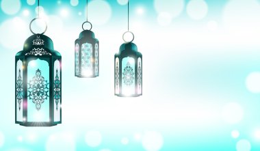 Ramazan Kareem, arkaplanda bulanık bir şekilde güzel bir Arapça lamba ve el yazısı ile selamlıyor. Vektör illüstrasyonu.