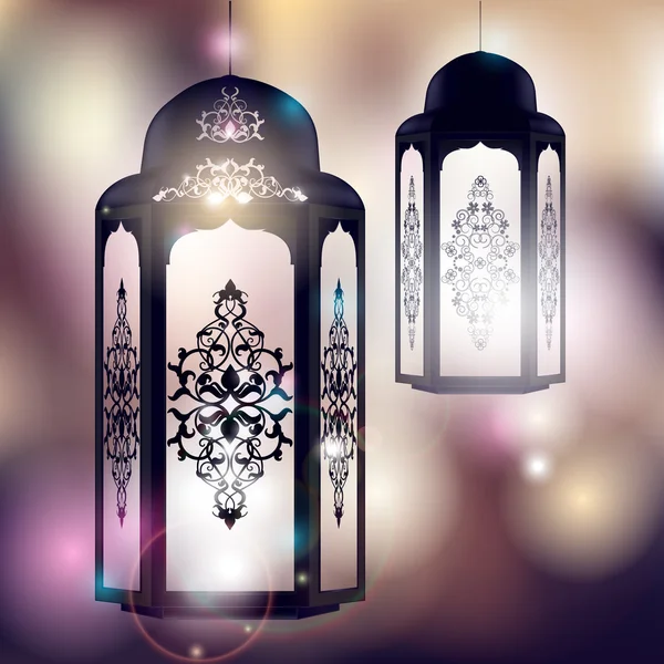 Ramadan Kareem salutation sur fond flou avec belle lampe arabe illuminée et lettrage calligraphique dessiné à la main. Illustration vectorielle . — Image vectorielle