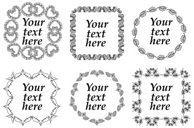 Elle çizilmiş çerçeveler vektör kümesi. Çiçek ve geometrik öğelerle sayfa süsleri