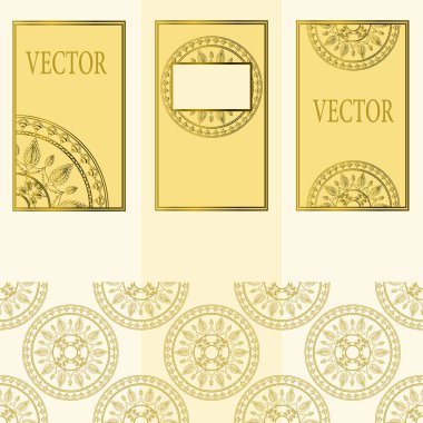 Tasarım öğeleri, etiket ve ambalaj için lüks ürünler vintage tarzı - yerler için çerçeveler ve çerçeve metin, açık renkli altın folyo ile yapılan seamless modeli için vektör kümesi