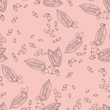 Seamless texture with cocoa fruits and cocoa leaves. Cocoa fruit on a brown background. Pattern for packaging cocoa and chocolate. Cocoa beans in vintage style