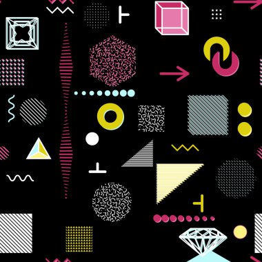 Trendy geometrik öğeleri memphis kartları, seamless modeli. Retro tarzı doku. Modern soyut tasarım poster, kapak, kart tasarımı