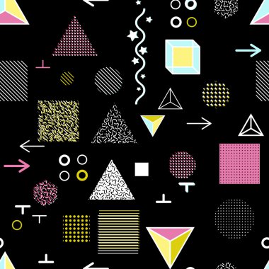 Trendy geometrik öğeleri memphis kartları, seamless modeli. Retro tarzı doku. Modern soyut tasarım poster, kapak, kart tasarımı