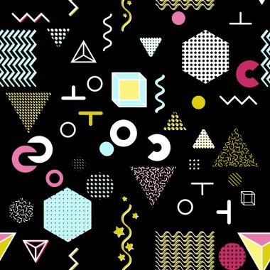 Trendy geometrik öğeleri memphis kartları, seamless modeli. Retro tarzı doku. Modern soyut tasarım poster, kapak, kart tasarımı