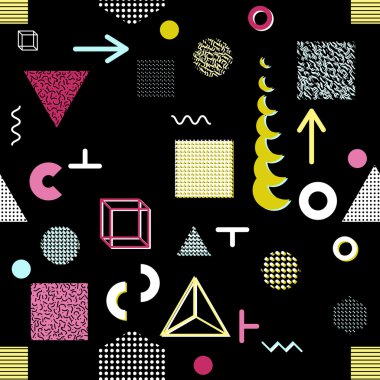 Trendy geometrik öğeleri memphis kartları, seamless modeli. Retro tarzı doku. Modern soyut tasarım poster, kapak, kart tasarımı