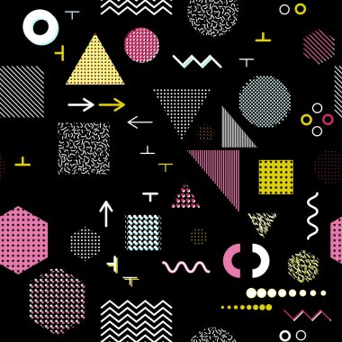 Trendy geometrik öğeleri memphis kartları, seamless modeli. Retro tarzı doku. Modern soyut tasarım poster, kapak, kart tasarımı