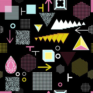 Trendy geometrik öğeleri memphis kartları, seamless modeli. Retro tarzı doku. Modern soyut tasarım poster, kapak, kart tasarımı