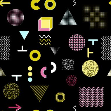 Trendy geometrik öğeleri memphis kartları, seamless modeli. Retro tarzı doku. Modern soyut tasarım poster, kapak, kart tasarımı