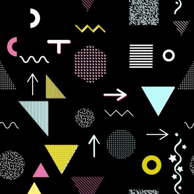 Trendy geometrik öğeleri memphis kartları, seamless modeli. Retro tarzı doku. Modern soyut tasarım poster, kapak, kart tasarımı