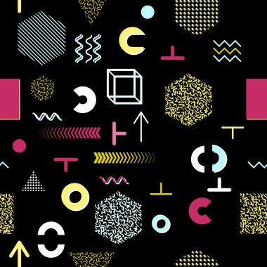 Trendy geometrik öğeleri memphis kartları, seamless modeli. Retro tarzı doku. Modern soyut tasarım poster, kapak, kart tasarımı