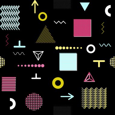 Trendy geometrik öğeleri memphis kartları, seamless modeli. Retro tarzı doku. Modern soyut tasarım poster, kapak, kart tasarımı