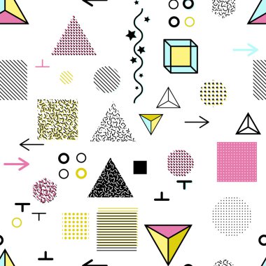 Trendy geometrik öğeleri memphis kartları, seamless modeli. Retro tarzı doku. Modern soyut tasarım poster, kapak, kart tasarımı