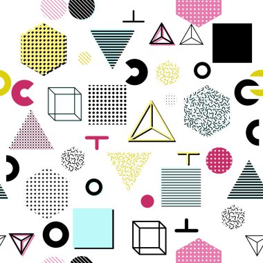 Trendy geometrik öğeleri memphis kartları, seamless modeli. Retro tarzı doku. Modern soyut tasarım poster, kapak, kart tasarımı