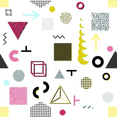 Trendy geometrik öğeleri memphis kartları, seamless modeli. Retro tarzı doku. Modern soyut tasarım poster, kapak, kart tasarımı