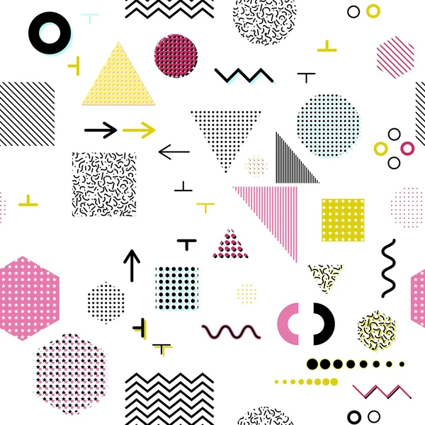 Elemen geometris Trendy memphis kartu, pola mulus. Tekstur gaya retro. Modern desain abstrak poster, penutup, desain kartu - Stok Vektor