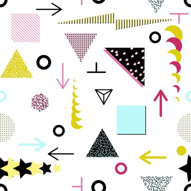 Trendy geometrik öğeleri memphis kartları, seamless modeli. Retro tarzı doku. Modern soyut tasarım poster, kapak, kart tasarımı