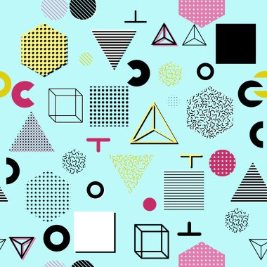 Trendy geometrik öğeleri memphis kartları, seamless modeli. Retro tarzı doku. Modern soyut tasarım poster, kapak, kart tasarımı