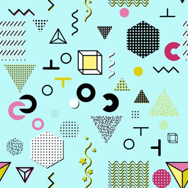 Trendy geometrik öğeleri memphis kartları, seamless modeli. Retro tarzı doku. Modern soyut tasarım poster, kapak, kart tasarımı