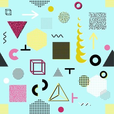 Trendy geometrik öğeleri memphis kartları, seamless modeli. Retro tarzı doku. Modern soyut tasarım poster, kapak, kart tasarımı
