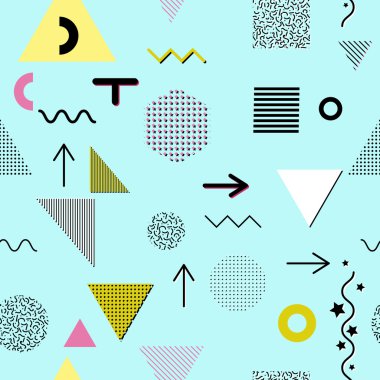 Trendy geometrik öğeleri memphis kartları, seamless modeli. Retro tarzı doku. Modern soyut tasarım poster, kapak, kart tasarımı