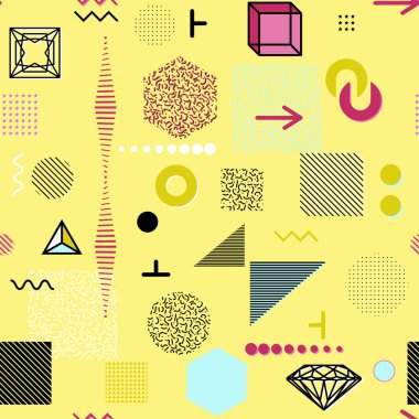 Trendy geometrik öğeleri memphis kartları, seamless modeli. Retro tarzı doku. Modern soyut tasarım poster, kapak, kart tasarımı