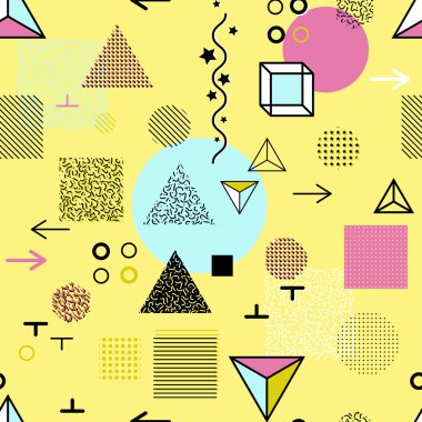 Trendy geometrik öğeleri memphis kartları, seamless modeli. Retro tarzı doku. Modern soyut tasarım poster, kapak, kart tasarımı