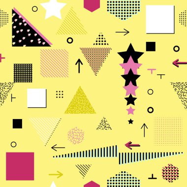 Trendy geometrik öğeleri memphis kartları, seamless modeli. Retro tarzı doku. Modern soyut tasarım poster, kapak, kart tasarımı