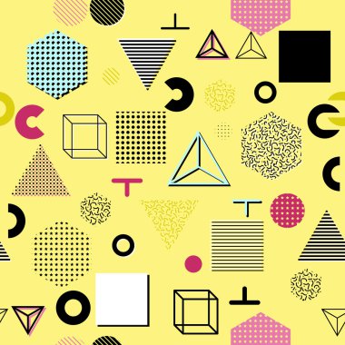 Trendy geometrik öğeleri memphis kartları, seamless modeli. Retro tarzı doku. Modern soyut tasarım poster, kapak, kart tasarımı
