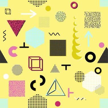 Trendy geometrik öğeleri memphis kartları, seamless modeli. Retro tarzı doku. Modern soyut tasarım poster, kapak, kart tasarımı