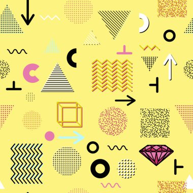 Trendy geometrik öğeleri memphis kartları, seamless modeli. Retro tarzı doku. Modern soyut tasarım poster, kapak, kart tasarımı