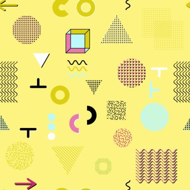 Trendy geometrik öğeleri memphis kartları, seamless modeli. Retro tarzı doku. Modern soyut tasarım poster, kapak, kart tasarımı