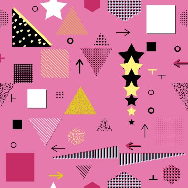 Trendy geometrik öğeleri memphis kartları, seamless modeli. Retro tarzı doku. Modern soyut tasarım poster, kapak, kart tasarımı