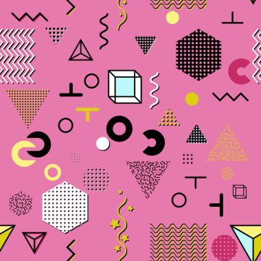 Trendy geometrik öğeleri memphis kartları, seamless modeli. Retro tarzı doku. Modern soyut tasarım poster, kapak, kart tasarımı