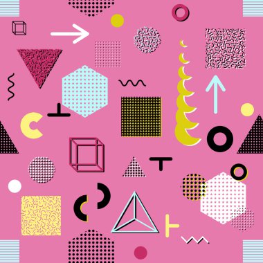 Trendy geometrik öğeleri memphis kartları, seamless modeli. Retro tarzı doku. Modern soyut tasarım poster, kapak, kart tasarımı