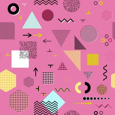 Trendy geometrik öğeleri memphis kartları, seamless modeli. Retro tarzı doku. Modern soyut tasarım poster, kapak, kart tasarımı