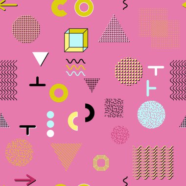 Trendy geometrik öğeleri memphis kartları, seamless modeli. Retro tarzı doku. Modern soyut tasarım poster, kapak, kart tasarımı