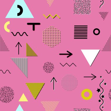 Trendy geometrik öğeleri memphis kartları, seamless modeli. Retro tarzı doku. Modern soyut tasarım poster, kapak, kart tasarımı