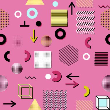 Trendy geometrik öğeleri memphis kartları, seamless modeli. Retro tarzı doku. Modern soyut tasarım poster, kapak, kart tasarımı