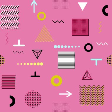 Trendy geometrik öğeleri memphis kartları, seamless modeli. Retro tarzı doku. Modern soyut tasarım poster, kapak, kart tasarımı