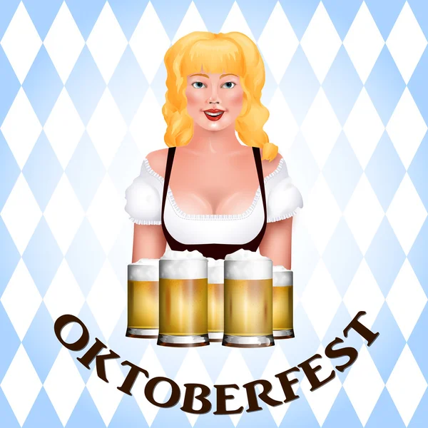 Schöne blonde Mädchen mit einem Bier. Oktoberfest-Plakat — Stockvektor