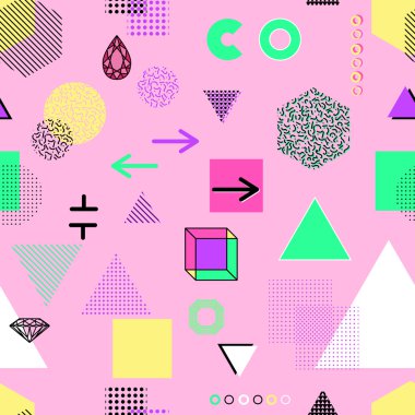 Trendy geometrik öğeleri memphis kartları, seamless modeli. Retro tarzı doku. Modern soyut tasarım poster, kapak, kart tasarımı