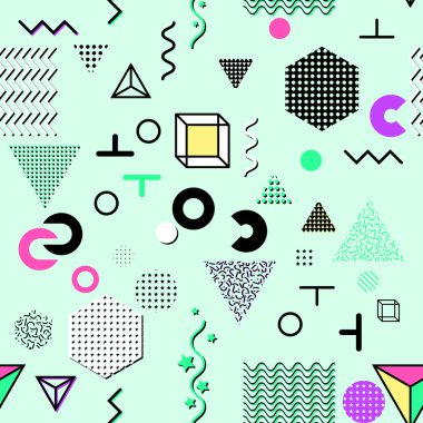 Trendy geometrik öğeleri memphis kartları, seamless modeli. Retro tarzı doku. Modern soyut tasarım poster, kapak, kart tasarımı