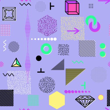 Trendy geometrik öğeleri memphis kartları, seamless modeli. Retro tarzı doku. Modern soyut tasarım poster, kapak, kart tasarımı