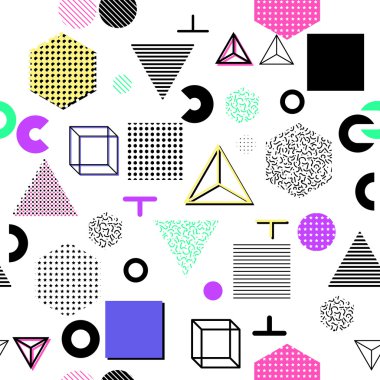 Trendy geometrik öğeleri memphis kartları, seamless modeli. Retro tarzı doku. Modern soyut tasarım poster, kapak, kart tasarımı