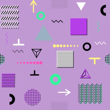 Trendy geometrik öğeleri memphis kartları, seamless modeli. Retro tarzı doku. Modern soyut tasarım poster, kapak, kart tasarımı