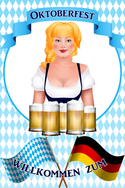 Красивая блондинка с пивом. Плакат Октоберфеста . — стоковый вектор