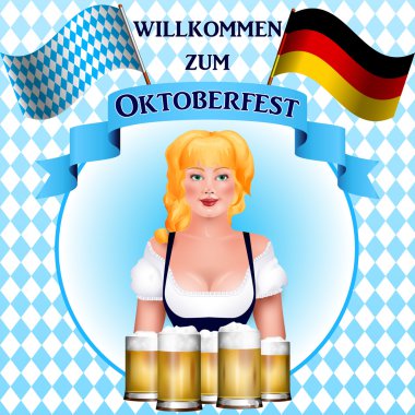 Güzel sarışın kız bir bira ile. Oktoberfest poster.