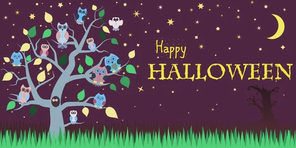 Fondo de Halloween con búhos en el árbol, cielo nocturno, luna — Vector de stock
