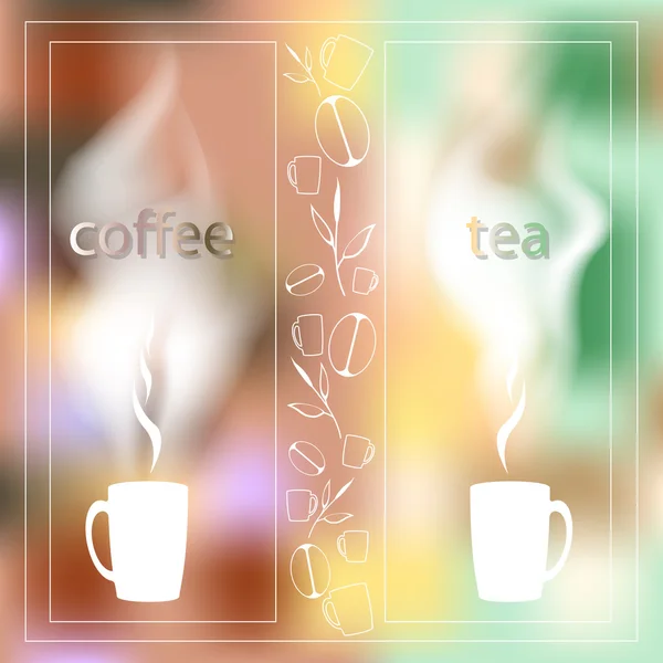 Tarjeta de la hora del café con una taza de té en un fondo del amanecer de la ciudad escrito en vidrio — Vector de stock