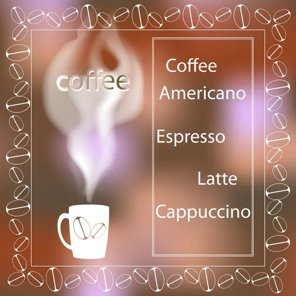 Taza de café con vapor sobre un fondo borroso. menú. espacio para texto — Vector de stock